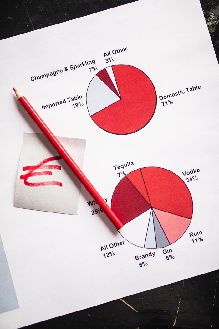 Top-down view of red pencil on pie charts showing alcohol consumption statistics. Ideal for business analytics.